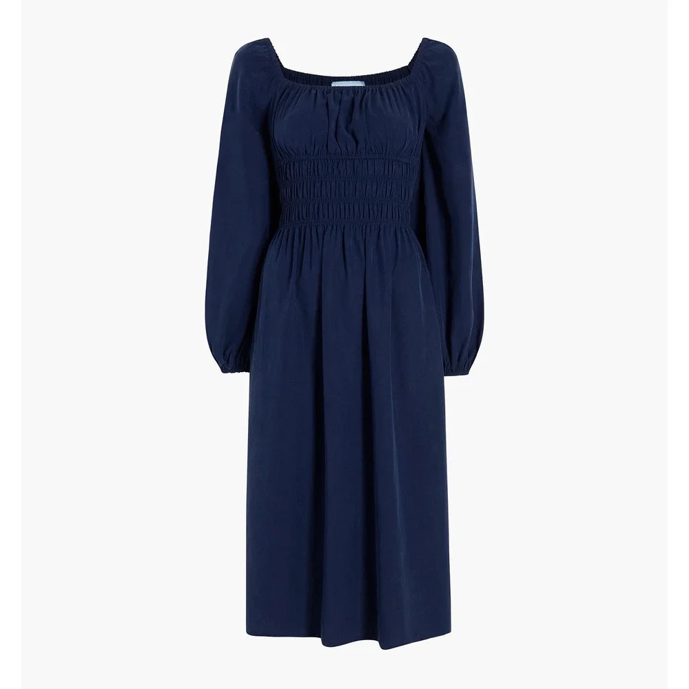 Hill House Home The Jasmine Nap Dress XXS Navy Blue Smocked Midi Long Sleeve NWT - Picture 2 of 13